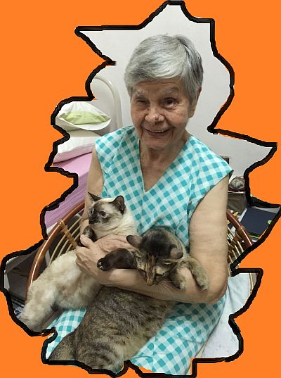 My Mum Ruth with our two cats Twilight (left) and Shadow.